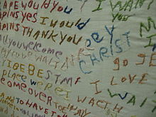 Cloth embroidered by a patient diagnosed with schizophrenia Image of cloth embroidered by a patient diagnosed with schizophrenia